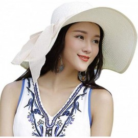 Sun Hats Women's Floppy Big Brim Hat Bowknot Straw Hat Foldable Roll up Sun Hat UPF 50+ - Ivory White - CE18Q7X7SA9 $21.42