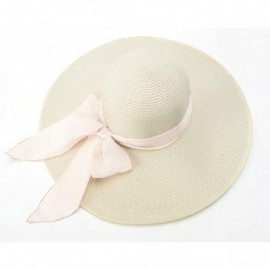 Sun Hats Women's Floppy Big Brim Hat Bowknot Straw Hat Foldable Roll up Sun Hat UPF 50+ - Ivory White - CE18Q7X7SA9 $21.42