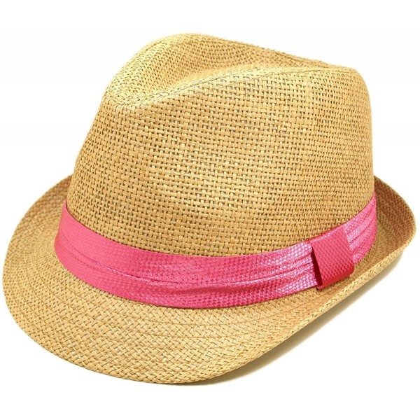 Fedoras Classic Tan Fedora Straw Hat Band Available - Pink Band - CN110GWUFWH $9.63