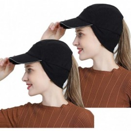 Baseball Caps Womens Winter Fleece Ponytail Cap with Drop Down Ear Warmer Messy Bun Baseball hat - 2pcs Black+black - CF18AHI...