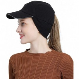 Baseball Caps Womens Winter Fleece Ponytail Cap with Drop Down Ear Warmer Messy Bun Baseball hat - 2pcs Black+black - CF18AHI...