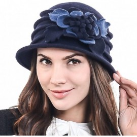 Bucket Hats Women's Elegant Flower Wool Cloche Bucket Ridgy Bowler Hat 09-co20 - Navy - CW12N5QZXDC $55.73