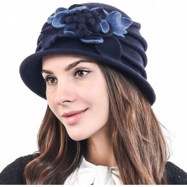 Bucket Hats Women's Elegant Flower Wool Cloche Bucket Ridgy Bowler Hat 09-co20 - Navy - CW12N5QZXDC $20.27