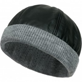 Skullies & Beanies Faux Leather Solid Color Skully Beanie Ribbed Knit Band Hat - Silver Grey Band - C9187ENZDZL $22.54