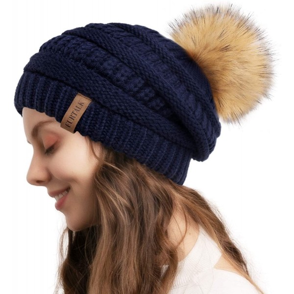 Skullies & Beanies Womens Winter Knit Slouchy Beanie Hat Warm Skull Ski Cap Faux Fur Pom Pom Hats for Women - CG185XO2IR8 $13.62