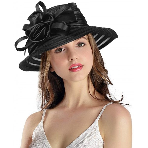 Bucket Hats Women's Big Floral Fascinators Kentucky Derby Church Floppy Wide Brim Cloche Bowler Bucket Hat - Black - CH17YSE6...