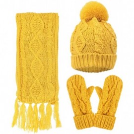 Skullies & Beanies 3 in 1 Women Soft Warm Thick Cable Knitted Hat Scarf & Gloves Winter Set - Yellow Gloves W/ Lined - CW18IT...