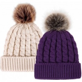 Skullies & Beanies Womens Winter Hand Knit Faux Fur Pompoms Beanie Hat - 2 Pcs Purple/Cream - C718GGQTGR9 $16.23