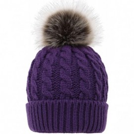 Skullies & Beanies Womens Winter Hand Knit Faux Fur Pompoms Beanie Hat - 2 Pcs Purple/Cream - C718GGQTGR9 $16.23