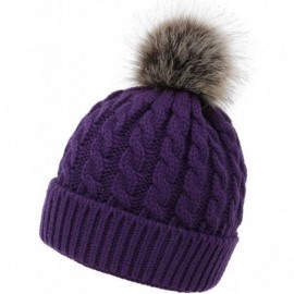 Skullies & Beanies Womens Winter Hand Knit Faux Fur Pompoms Beanie Hat - 2 Pcs Purple/Cream - C718GGQTGR9 $16.23