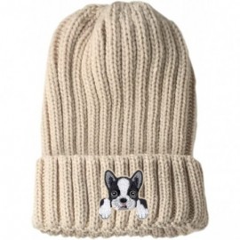 Skullies & Beanies [ Boston Terrier ] Cute Embroidered Puppy Dog Warm Knit Fleece Winter Beanie Skull Cap - Beige - CC189RY4C...