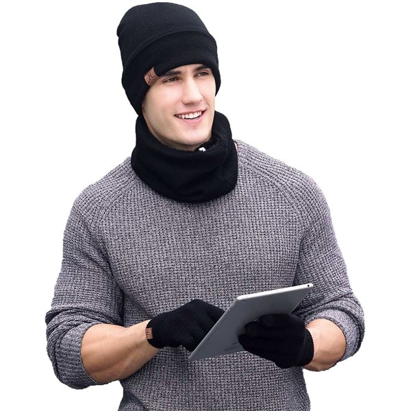 Skullies & Beanies 3 PCS Winter Beanie Hat Scarf Gloves Set- Knitted Hat Scarf Touch Screen Gloves for Men Women - Black - CT...