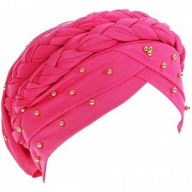 Skullies & Beanies Double Braid Turban Cotton Chemo Cancer Cap Muslim Hat Stretch Hat Head Wrap Cap for Women - Hot Pink - C6...