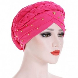 Skullies & Beanies Double Braid Turban Cotton Chemo Cancer Cap Muslim Hat Stretch Hat Head Wrap Cap for Women - Hot Pink - C6...