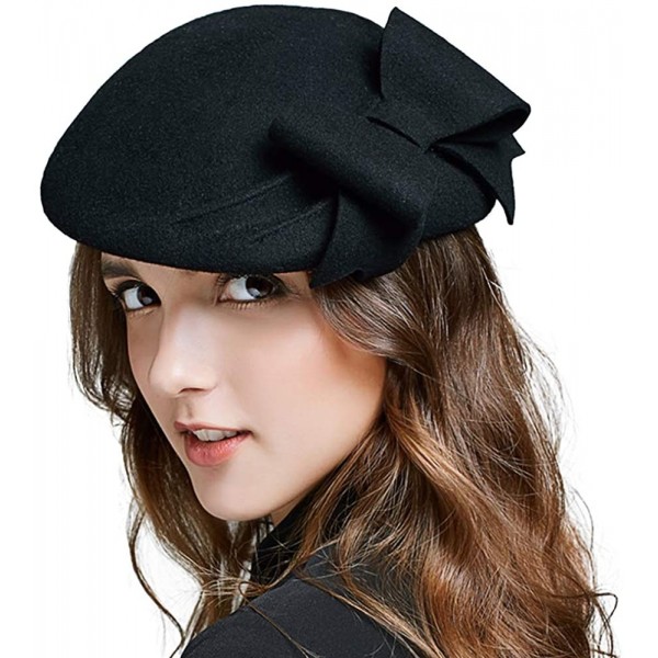 Berets Women's Wool French Bowknot Beret Hat Autumn Winter Vintage Warm Beanie Cap - Black - C718I6KAG2X $31.72