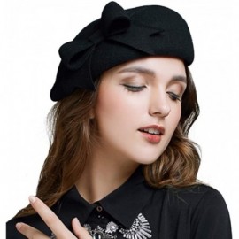 Berets Women's Wool French Bowknot Beret Hat Autumn Winter Vintage Warm Beanie Cap - Black - C718I6KAG2X $31.72