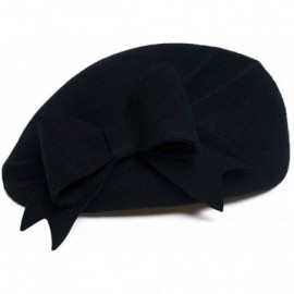 Berets Women's Wool French Bowknot Beret Hat Autumn Winter Vintage Warm Beanie Cap - Black - C718I6KAG2X $31.72