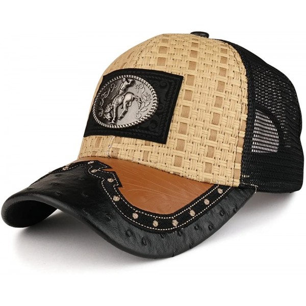 Baseball Caps Straw Design Metallic Rodeo Cowboy Horse Metal Logo Trucker Mesh Baseball Cap - Tan/Black - CD12OCYXDQF $21.78