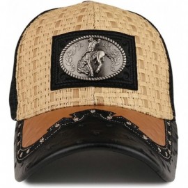 Baseball Caps Straw Design Metallic Rodeo Cowboy Horse Metal Logo Trucker Mesh Baseball Cap - Tan/Black - CD12OCYXDQF $21.78