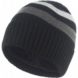 Skullies & Beanies Urban Winter Striped Knitted Beanie Hat Fur Lined Skull Ski Cap - Black - CT12N5HLEIL $15.85