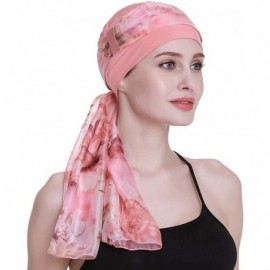 Skullies & Beanies Elegant Chemo Cap With Silky Scarfs For Cancer Women Hair Loss Sleep Beanie - Coral - CM18LXADAD4 $19.22