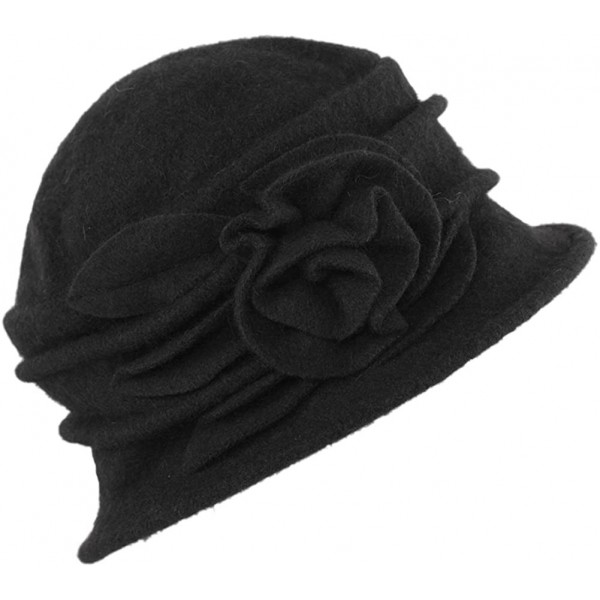 Bucket Hats Lady's Vintage Fleece Wool Blend Cloche Bucket Hat Floral Trimmed - Black - CD18HEZCUIN $10.70