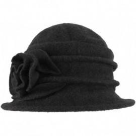 Bucket Hats Lady's Vintage Fleece Wool Blend Cloche Bucket Hat Floral Trimmed - Black - CD18HEZCUIN $10.70