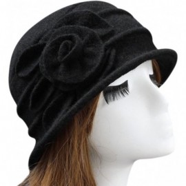 Bucket Hats Lady's Vintage Fleece Wool Blend Cloche Bucket Hat Floral Trimmed - Black - CD18HEZCUIN $10.70