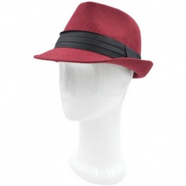 Fedoras Unisex Classic Solid Color Felt Fedora Hat with Black Band - Burgundy - CE12CFYPIT3 $10.38