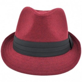 Fedoras Unisex Classic Solid Color Felt Fedora Hat with Black Band - Burgundy - CE12CFYPIT3 $10.38