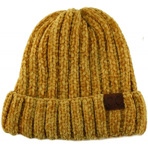 Skullies & Beanies Winter Soft Chenille Chunky Knit Stretchy Warm Ribbed Beanie Hat Cap - Mustard - CO18I6OACX0 $14.72