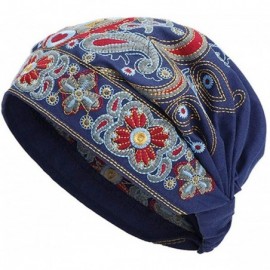 Skullies & Beanies Women Summer Vintage Embroidery Ethnic Beanie Hat Cotton Elastic Turban Caps - Blue - CN1904KZLS6 $9.24