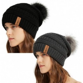 Skullies & Beanies Womens Winter Knit Slouchy Beanie Chunky Hats Bobble Hat Ski Cap with Faux Fur Pompom - Black&dark Grey 2p...