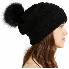 Skullies & Beanies Womens Winter Knit Slouchy Beanie Chunky Hats Bobble Hat Ski Cap with Faux Fur Pompom - Black&dark Grey 2p...