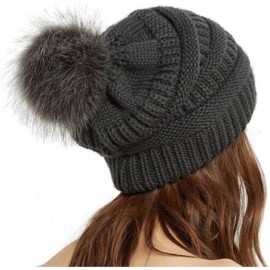 Skullies & Beanies Womens Winter Knit Slouchy Beanie Chunky Hats Bobble Hat Ski Cap with Faux Fur Pompom - Black&dark Grey 2p...