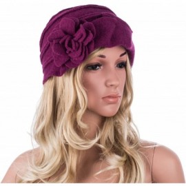 Berets Solid Color 1920s Womens 100% Wool Flower Winter Bucket Cap Beret Hat A376 - Dark Purple - CO12N1J7VBG $16.99