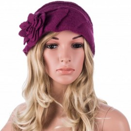 Berets Solid Color 1920s Womens 100% Wool Flower Winter Bucket Cap Beret Hat A376 - Dark Purple - CO12N1J7VBG $16.99