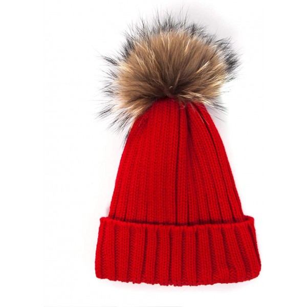 Skullies & Beanies Big Fur Pom Pom Hat - Winter Knit hat for Women Thick Warm Caps Skullies Beanies AH62 - Red 62r Liner - CW...