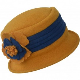 Bucket Hats Two-Tone Retro Womens Wool Warm Flower Band Dress Bucket Cloche Cap Hat A217 - Yellow - CV11NG5TNZL $11.17