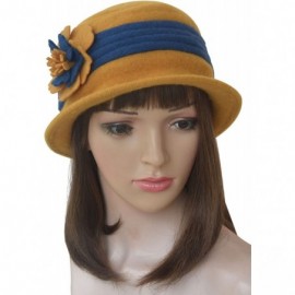 Bucket Hats Two-Tone Retro Womens Wool Warm Flower Band Dress Bucket Cloche Cap Hat A217 - Yellow - CV11NG5TNZL $11.17