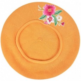 Berets 100% Cotton Beret French Ladies Hat with Pink Flower Bouquet - Pumpkin - CW188EOYKIH $17.61