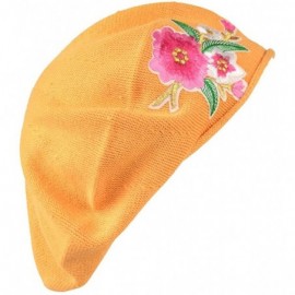 Berets 100% Cotton Beret French Ladies Hat with Pink Flower Bouquet - Pumpkin - CW188EOYKIH $17.61