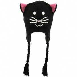 Skullies & Beanies Adult's Fun Animal Knitted Winter Beanie Hat w/Ear Flaps - Black Cat - CW185RIKM4G $26.43