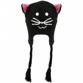 Skullies & Beanies Adult's Fun Animal Knitted Winter Beanie Hat w/Ear Flaps - Black Cat - CW185RIKM4G $15.51