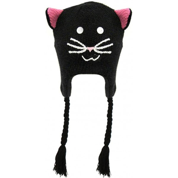 Skullies & Beanies Adult's Fun Animal Knitted Winter Beanie Hat w/Ear Flaps - Black Cat - CW185RIKM4G $15.51