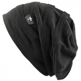 Skullies & Beanies Vintage Horizontal Long Slouchy Baggy Beanie Cross Badge Lined Winter Hat - Black - CE126ILST4Z $8.97