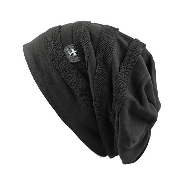 Skullies & Beanies Vintage Horizontal Long Slouchy Baggy Beanie Cross Badge Lined Winter Hat - Black - CE126ILST4Z $8.97