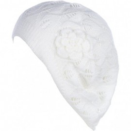 Berets Chic Parisian Style Soft Lightweight Crochet Cutout Knit Beret Beanie Hat - White Leafy - C212MXCKW3Y $12.76