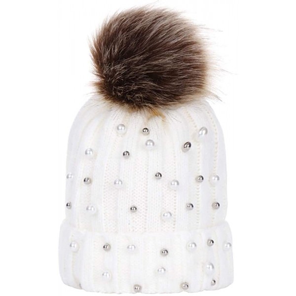 Bucket Hats Women Faux Fur Pom Pom Beanie Cap Fashion Winter Pearl Knit Ski Hat - White - CD18LKE7G4H $6.61