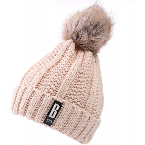 Skullies & Beanies Fleece Lined Women Winter Beanie Hats Faux Fur Pom Pom Beanie Hat - Beige Tan - CD18I5SC8GK $7.30